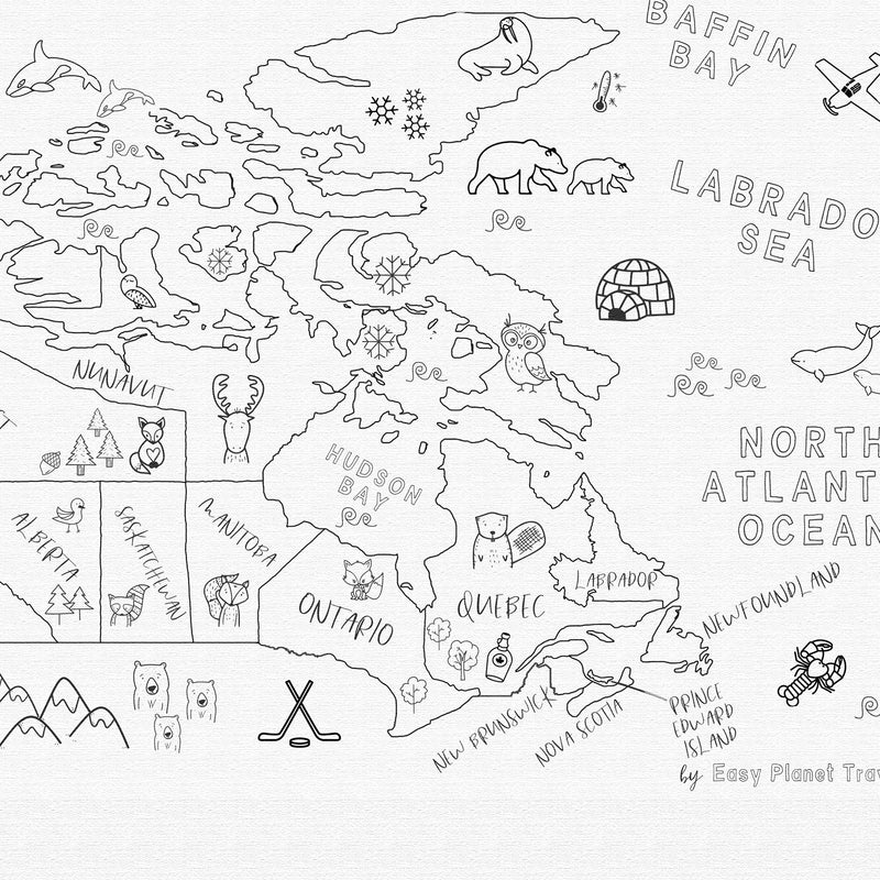 Carte du Canada personnalisée ludique pour enfants, noir et blanc