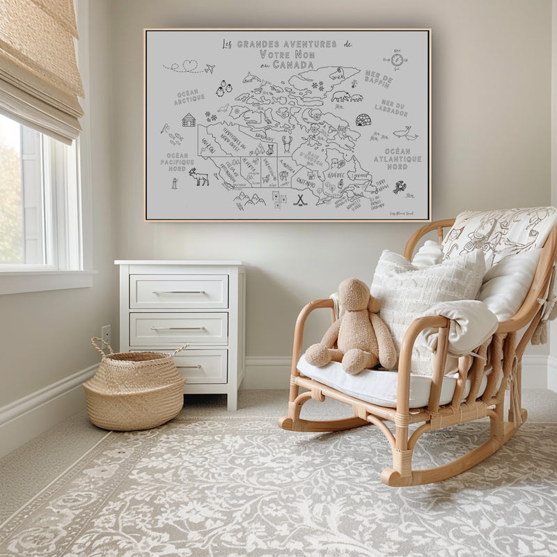Carte du Canada personnalisée ludique pour enfants, noir et blanc