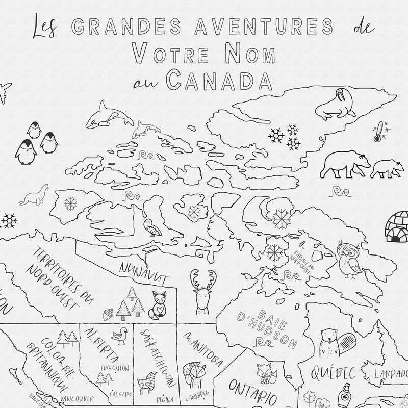 Carte du Canada personnalisée ludique pour enfants, noir et blanc