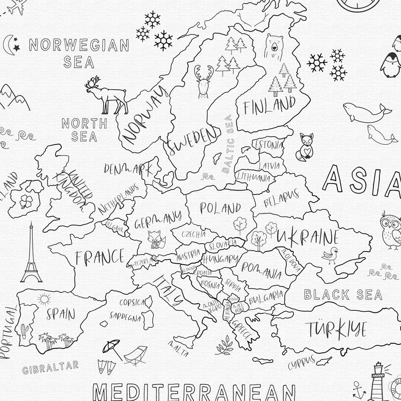 Carte de l'Europe personnalisée ludique pour enfants, noir et blanc