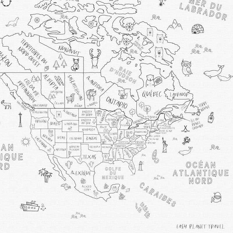Carte de l'Amérique du Nord personnalisée ludique pour enfants, noir et blanc