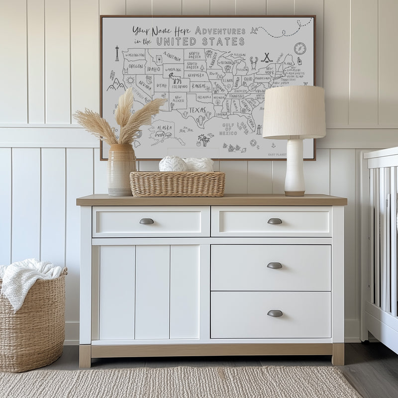 Custom USA Map with Animals for Kids Black and White