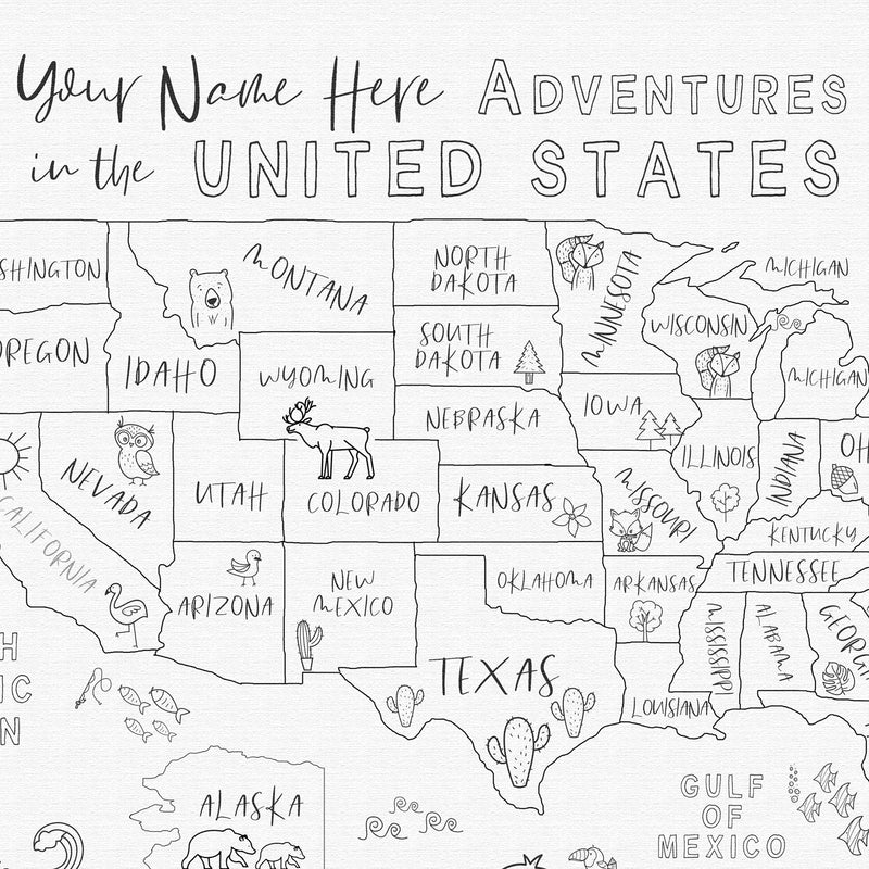 Custom USA Map with Animals for Kids Black and White