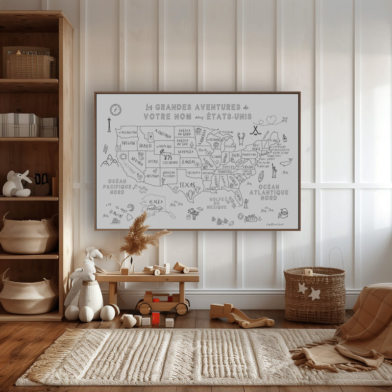 Custom USA Map with Animals for Kids Black and White
