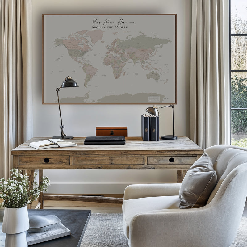 Custom Political World Map Sage Beige