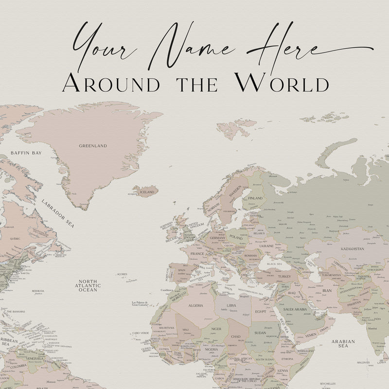 Custom Political World Map Sage Beige