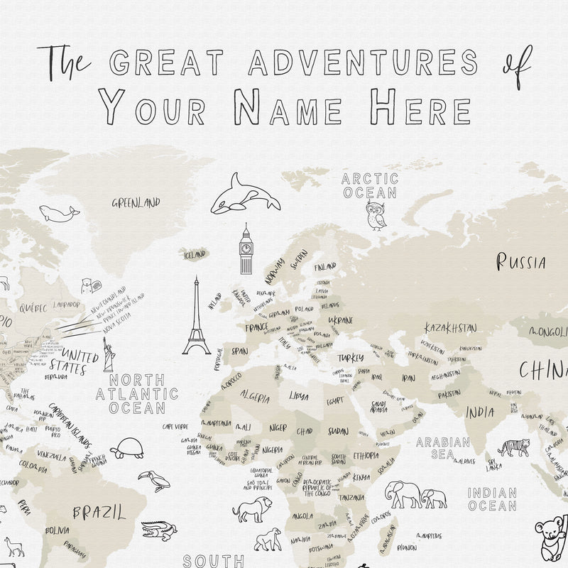 Carte du monde personnalisée ludique pour enfants, neutre