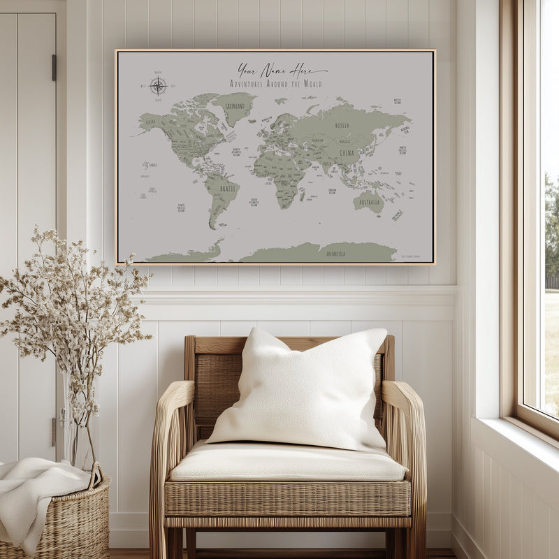 Custom Minimalist World Map Sage Green