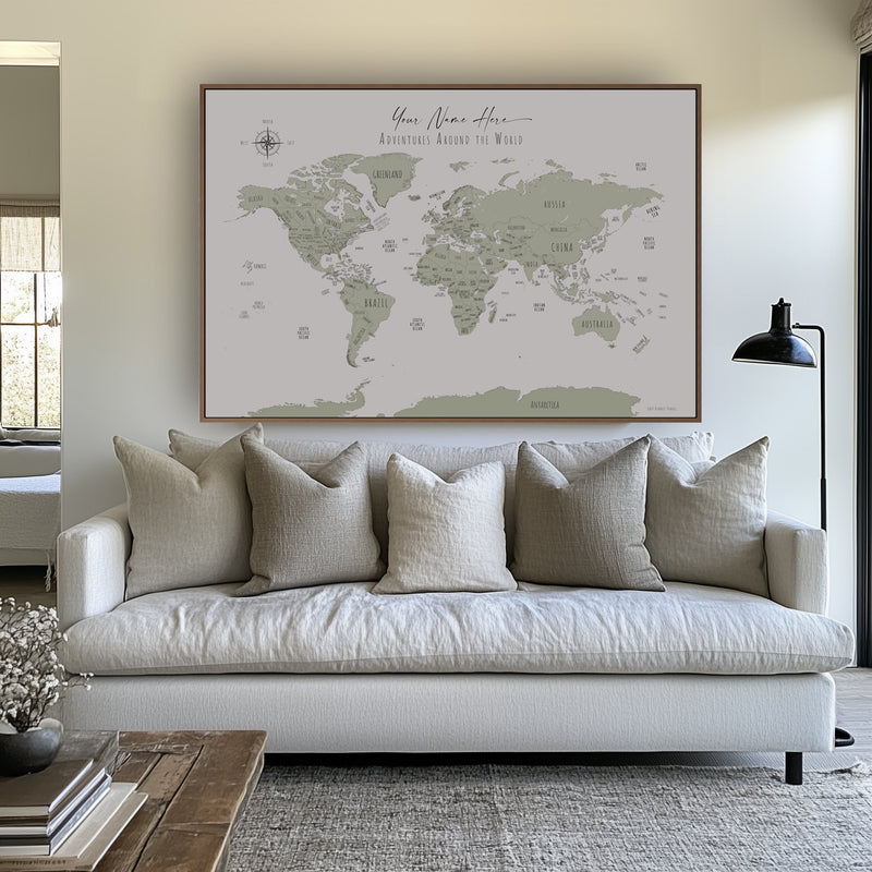 Custom Minimalist World Map Sage Green