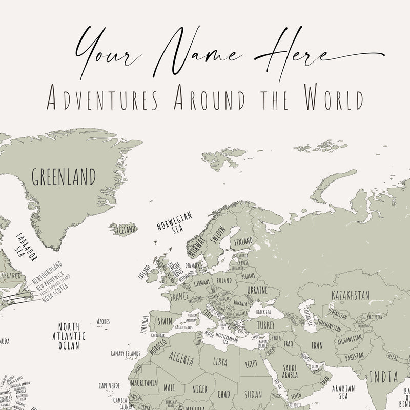 Custom Minimalist World Map Sage Green