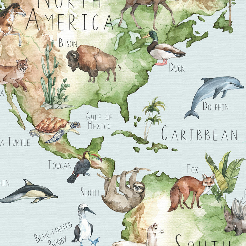 Carte du monde imprimable aquarelle avec animaux