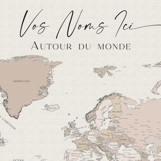 Carte du monde politique personnalisée beige sable