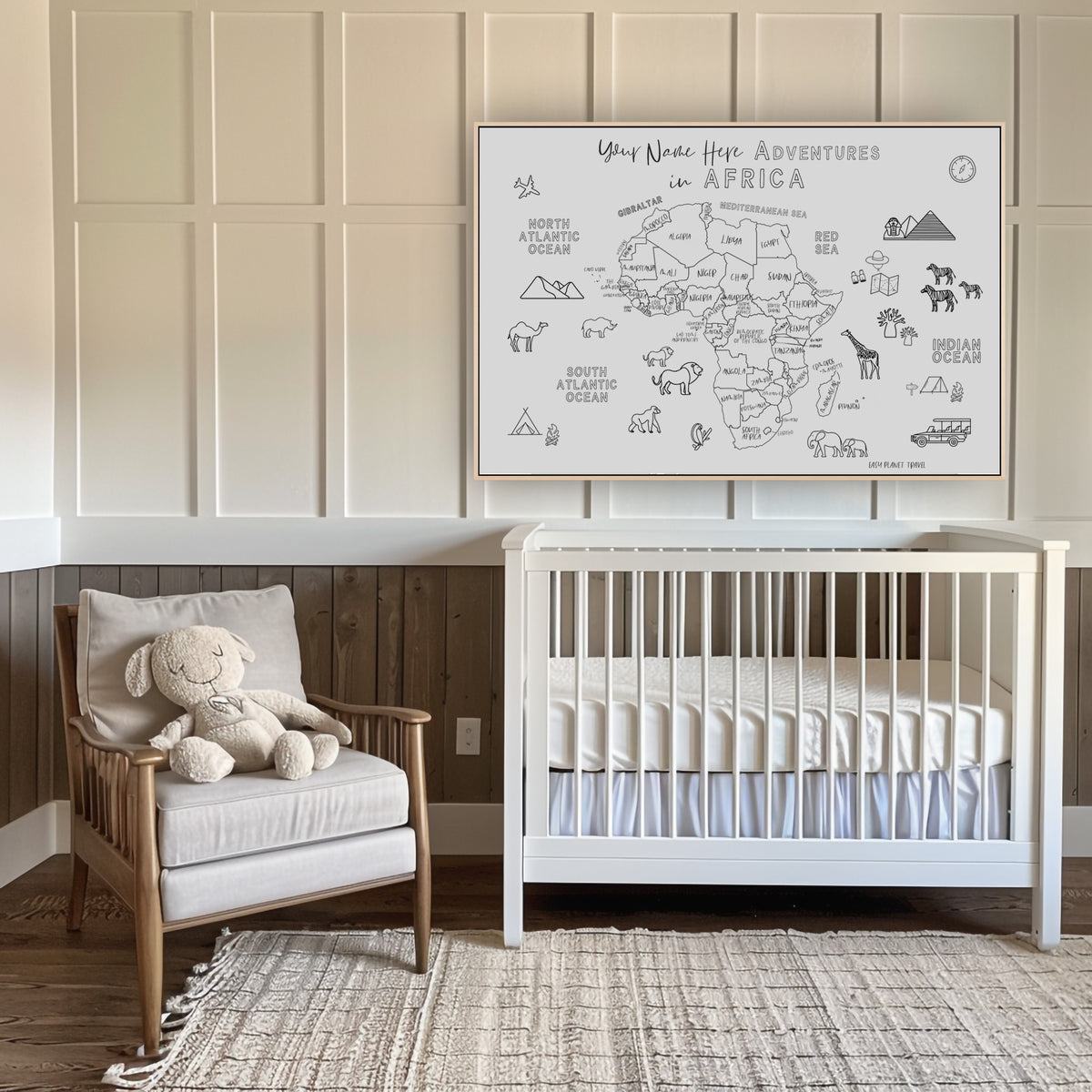 Custom Africa Map with Animals for Kids Black and White