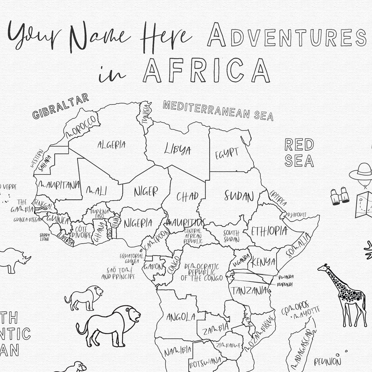 Custom Africa Map with Animals for Kids Black and White