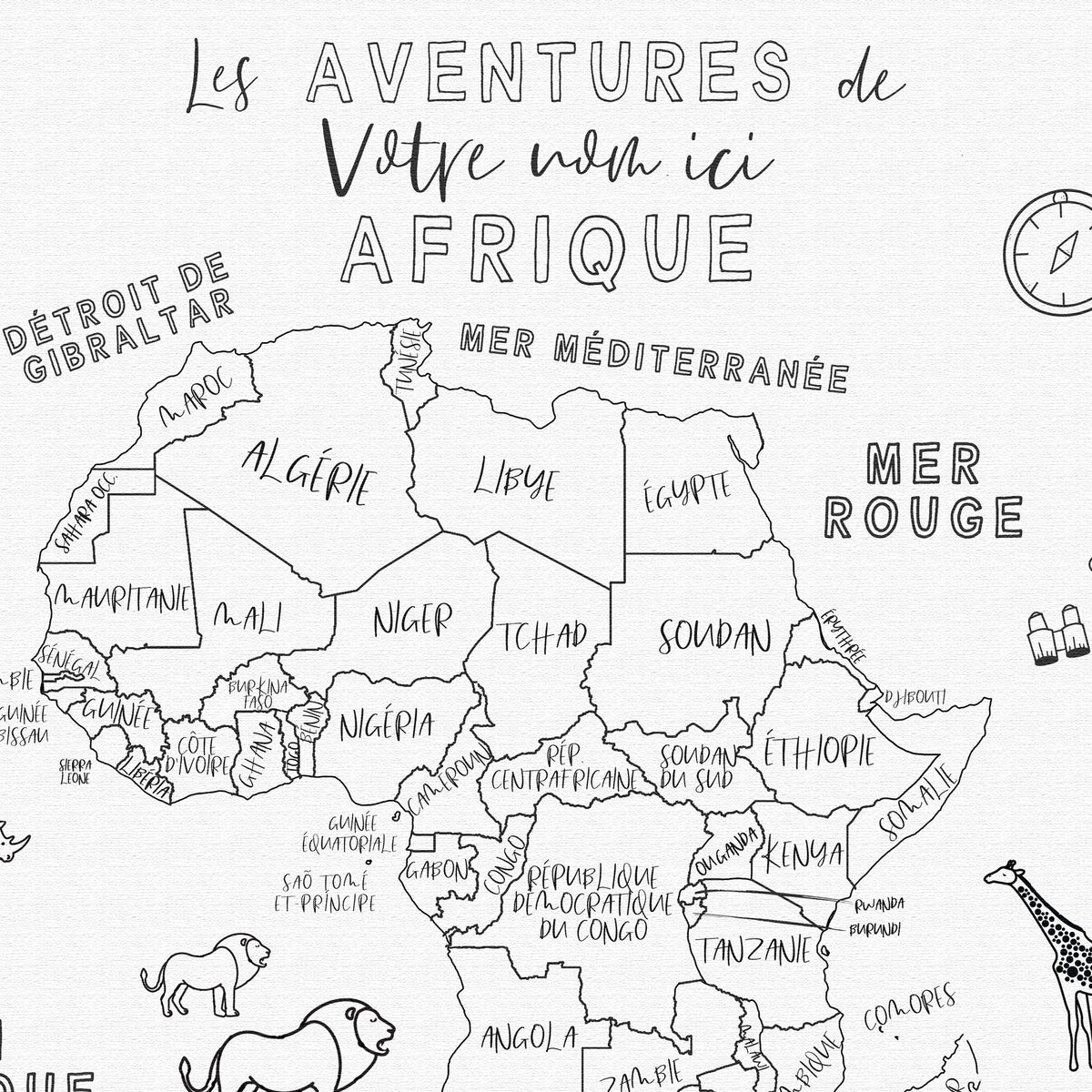 Custom Africa Map with Animals for Kids Black and White