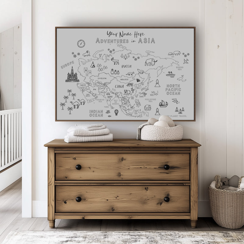 Custom Asia Map with Animals for Kids Black and White