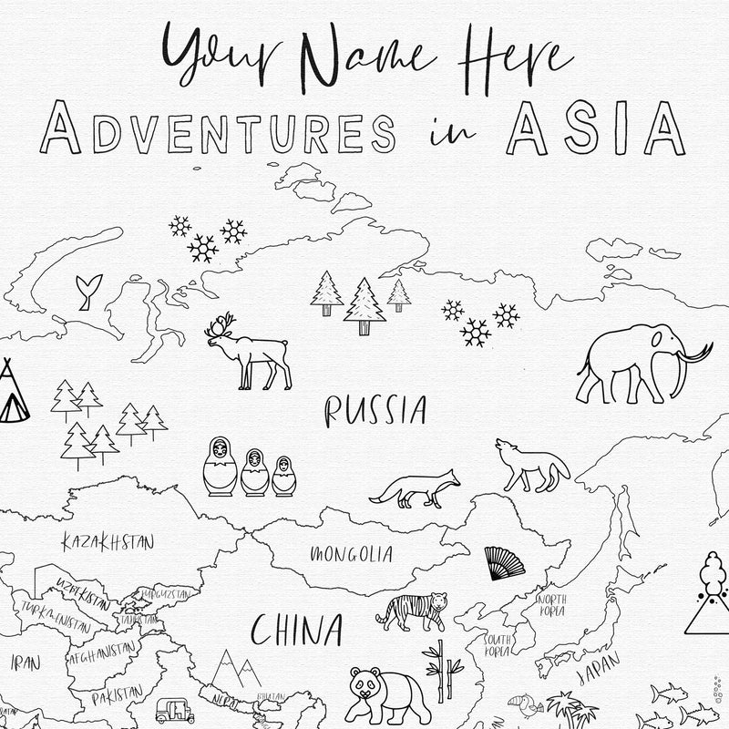 Custom Asia Map with Animals for Kids Black and White