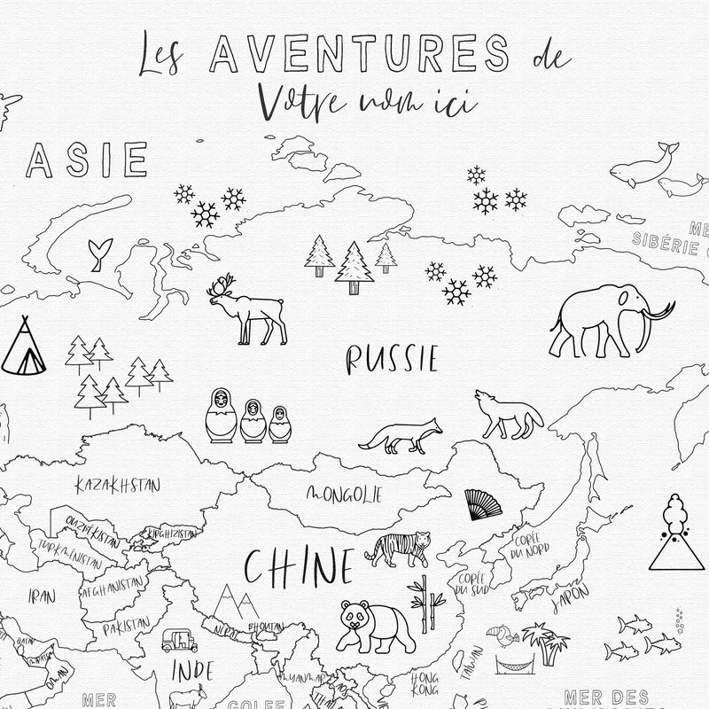 Custom Asia Map with Animals for Kids Black and White