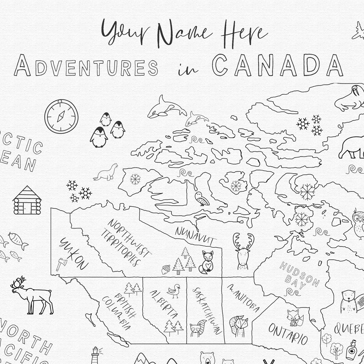 Custom Canada Map with Animals for Kids Black and White