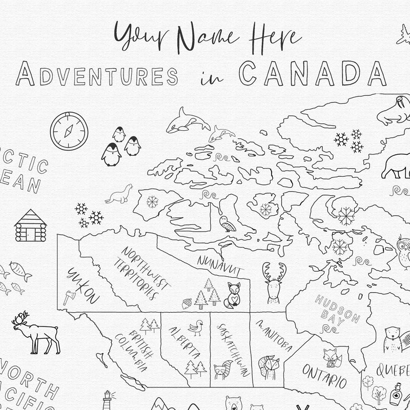 Custom Canada Map with Animals for Kids Black and White