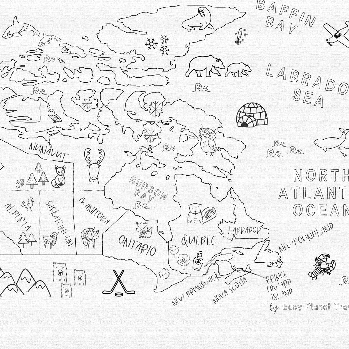 Custom Canada Map with Animals for Kids Black and White