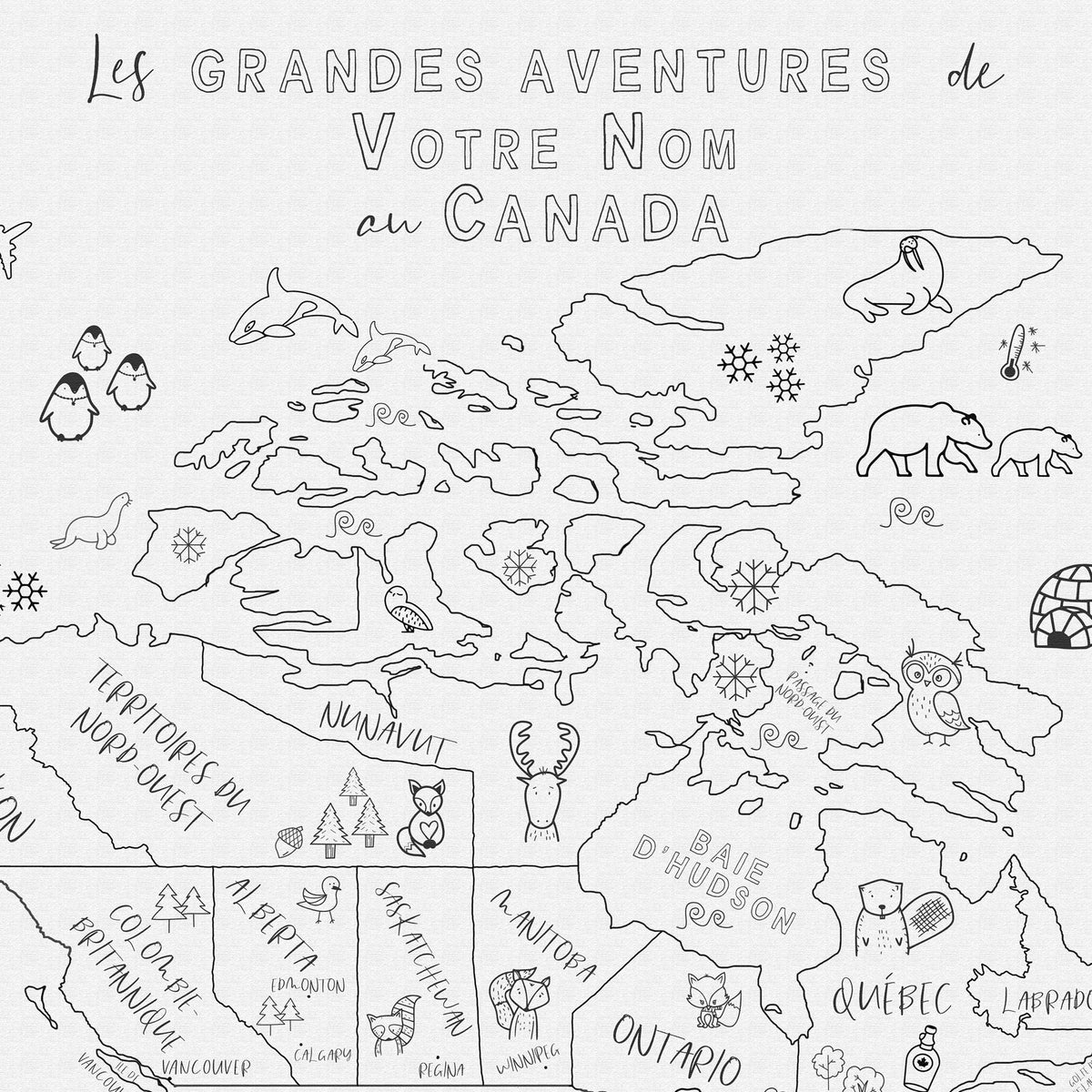 Custom Canada Map with Animals for Kids Black and White