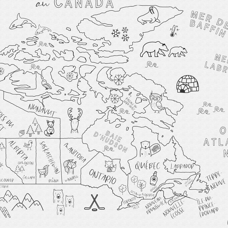 Custom Canada Map with Animals for Kids Black and White