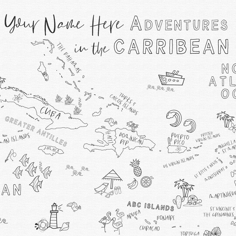 Carte des Caraïbes personnalisée ludique pour enfants, noir et blanc