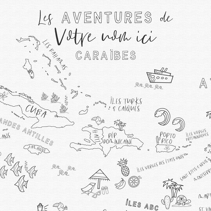 Carte des Caraïbes personnalisée ludique pour enfants, noir et blanc