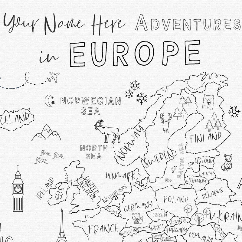 Custom Europe Map with Animals for Kids Black and White