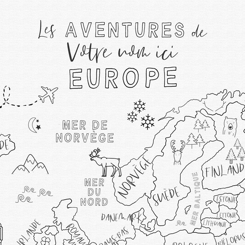 Custom Europe Map with Animals for Kids Black and White