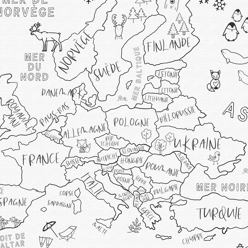 Custom Europe Map with Animals for Kids Black and White