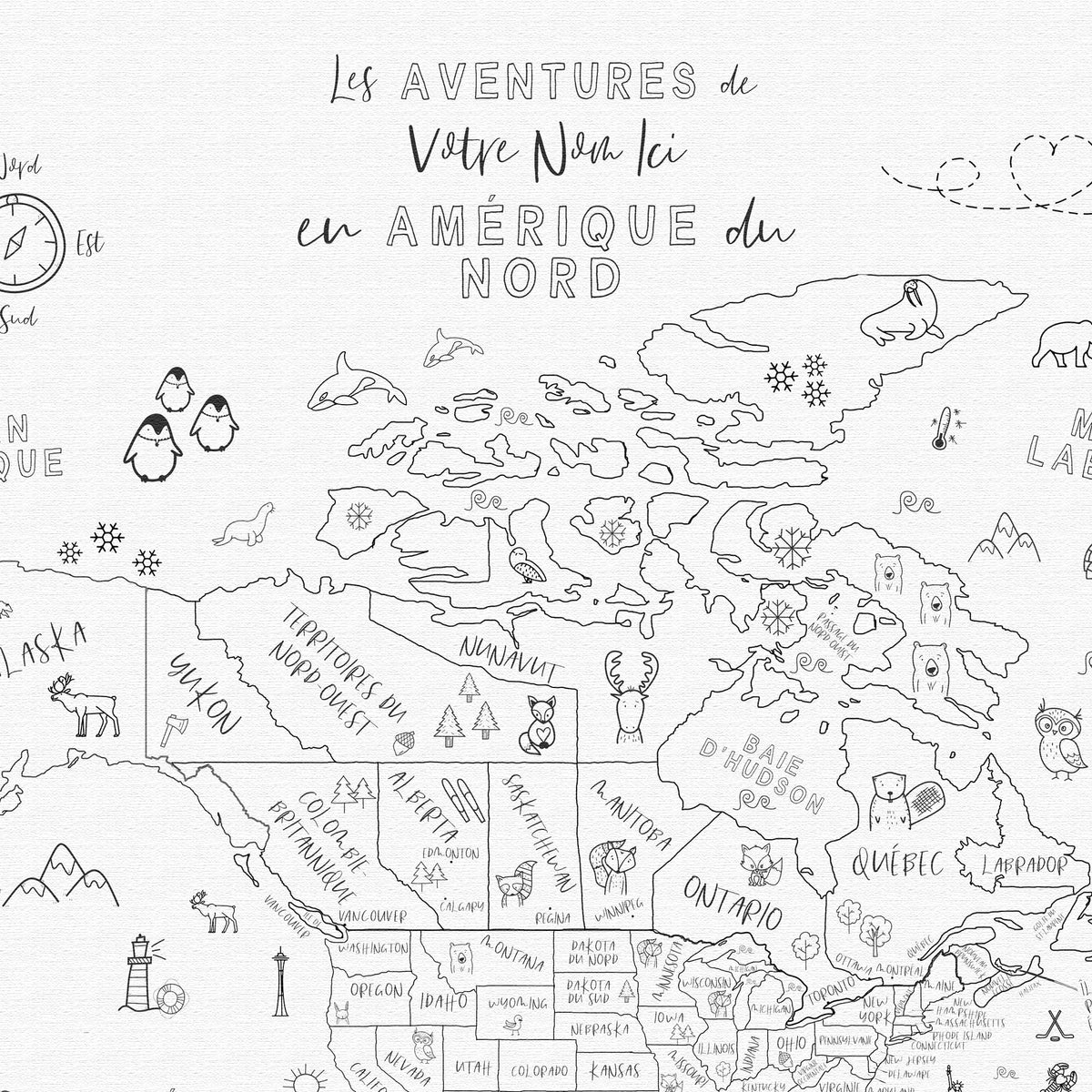 Carte de l'Amérique du Nord personnalisée ludique pour enfants, noir et blanc