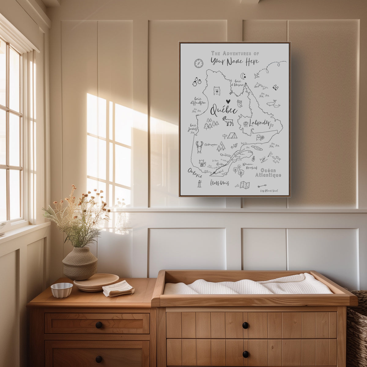 Custom Quebec Map with Animals for Kids Black and White