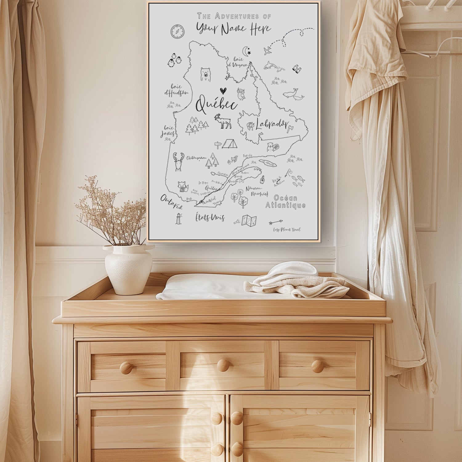 Custom Quebec Map with Animals for Kids Black and White