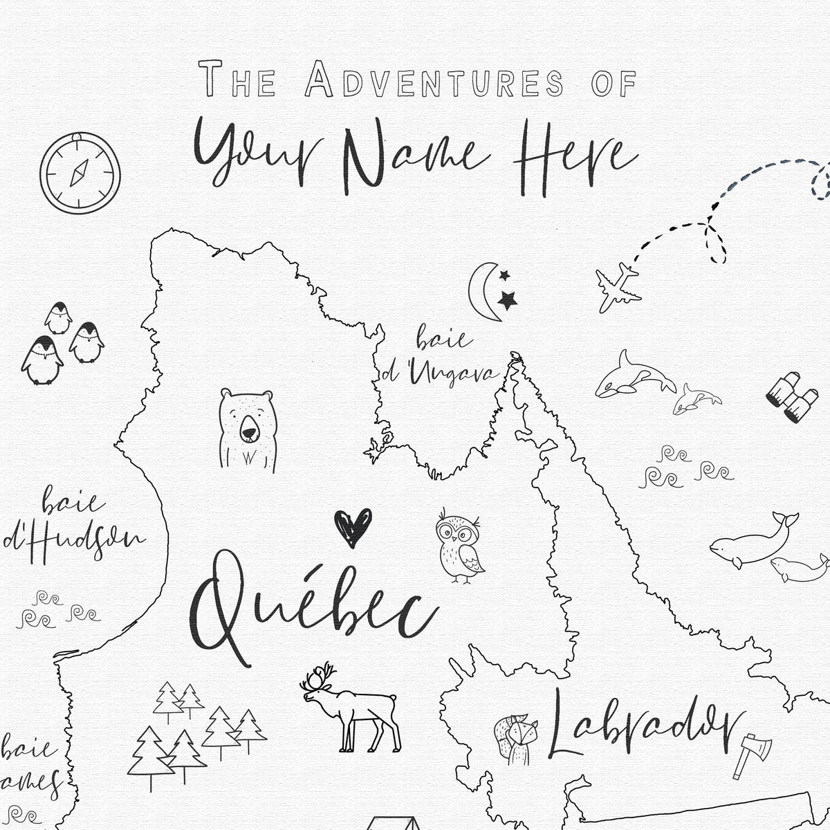 Custom Quebec Map with Animals for Kids Black and White