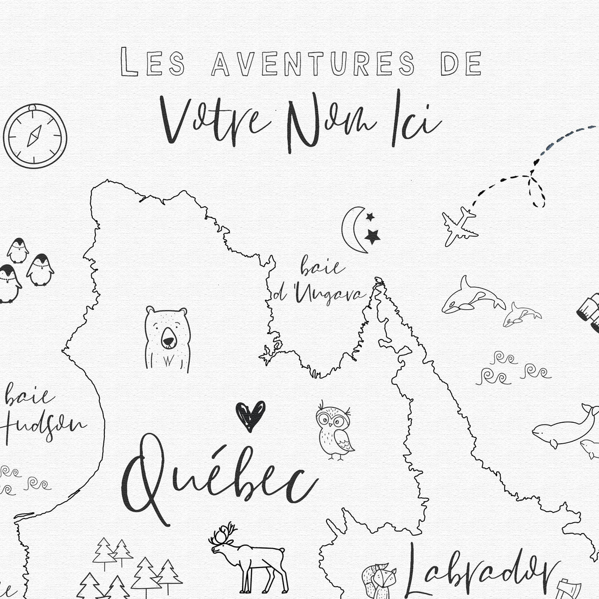 Custom Quebec Map with Animals for Kids Black and White