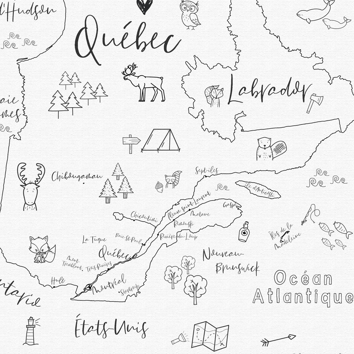 Custom Quebec Map with Animals for Kids Black and White