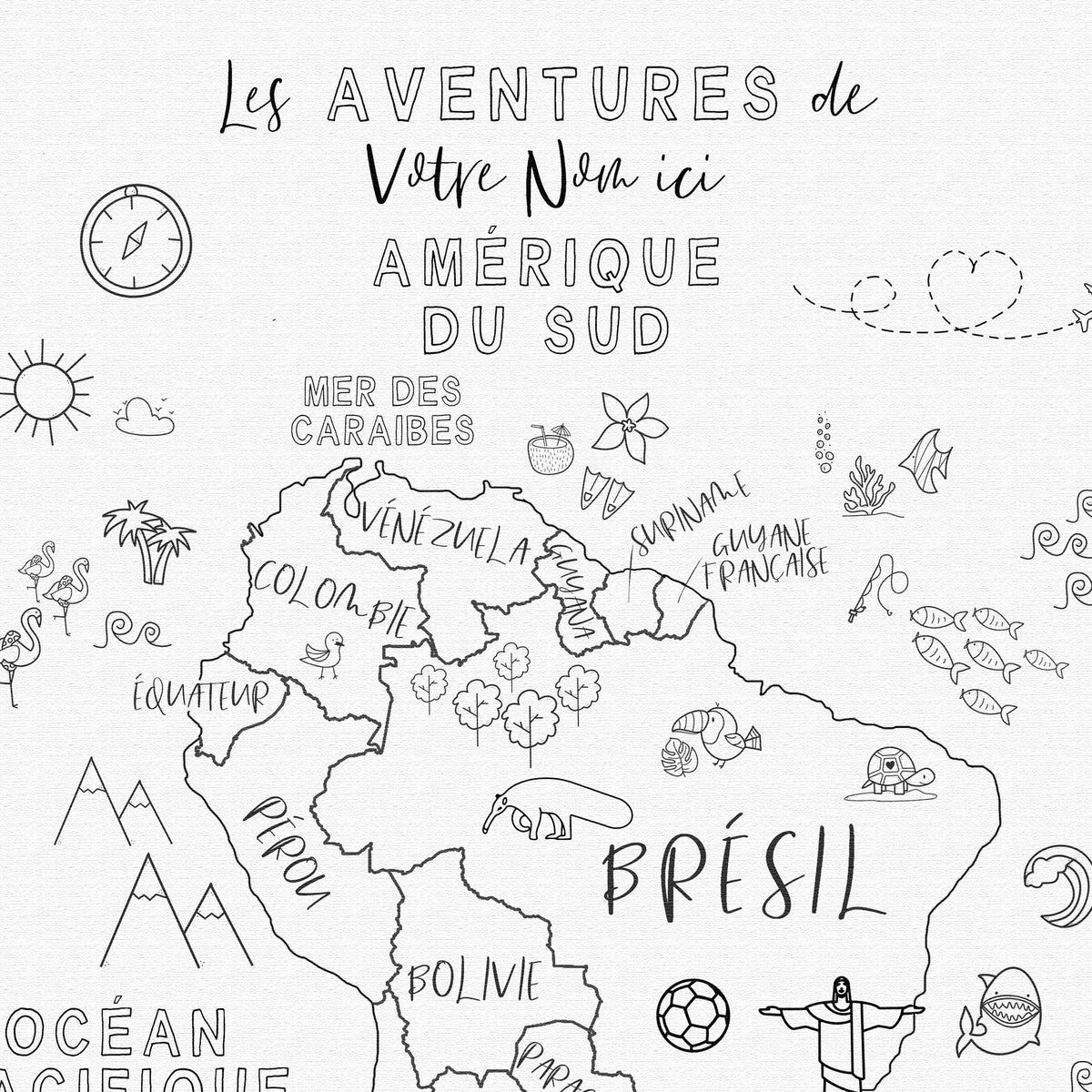 Carte de l'Amérique du Sud personnalisée ludique pour enfants, noir et blanc