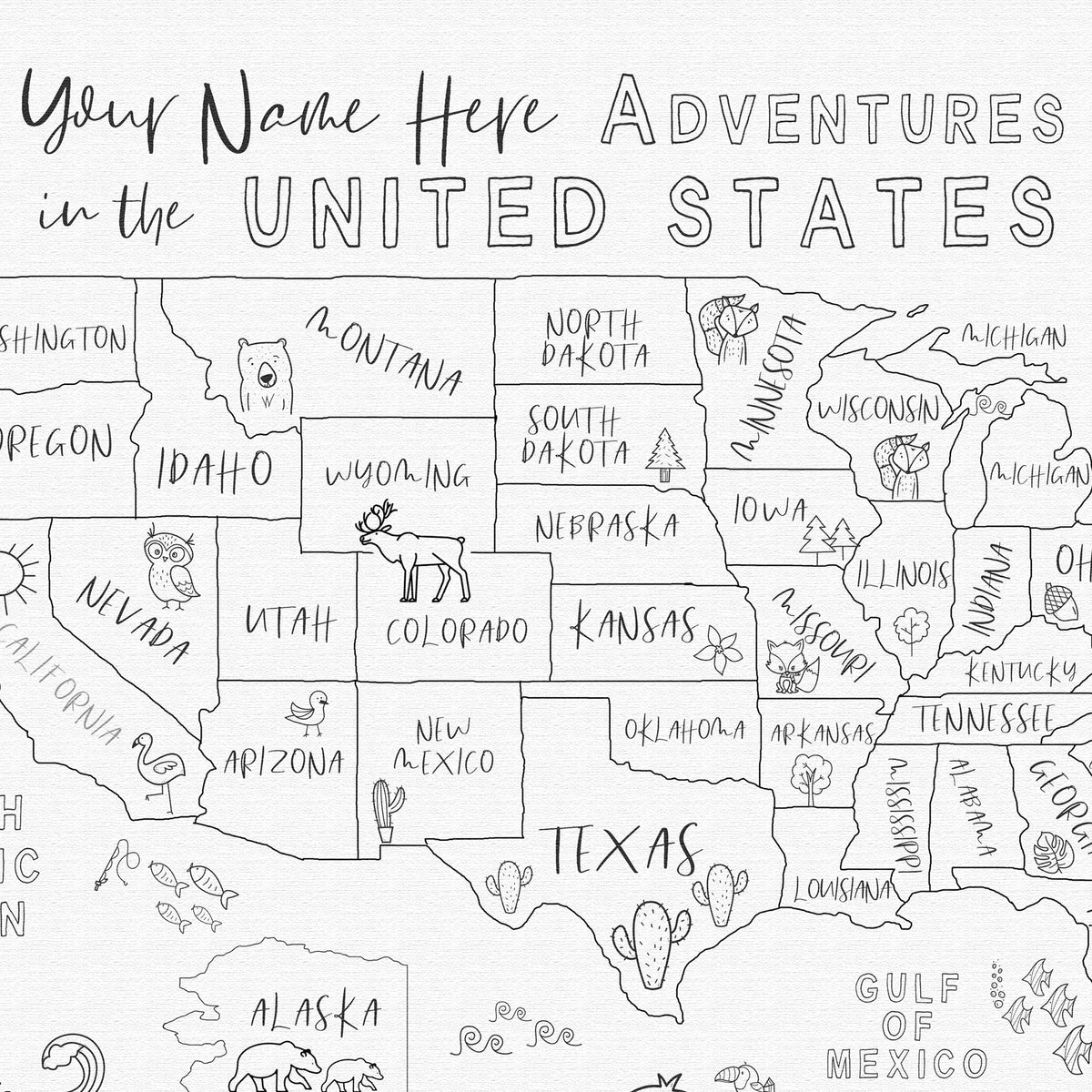 Carte des États-Unis personnalisée ludique pour enfants, noir et blanc