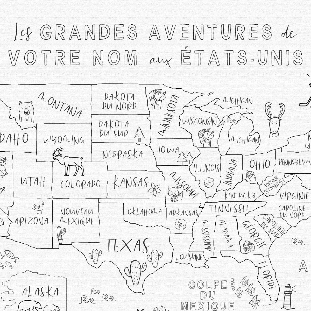 Carte des États-Unis personnalisée ludique pour enfants, noir et blanc