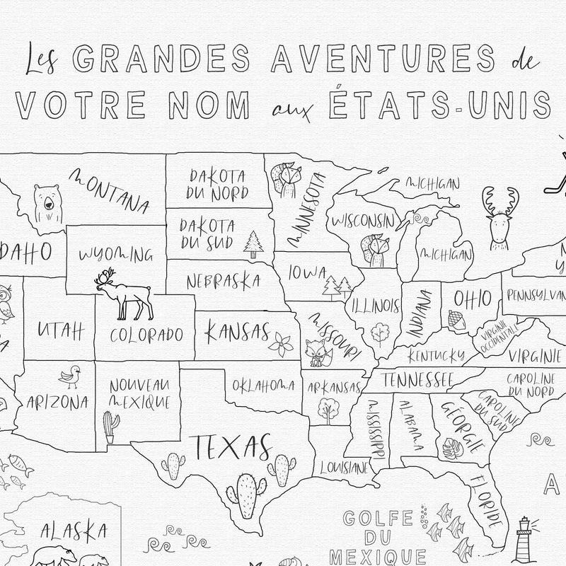 Carte des États-Unis personnalisée ludique pour enfants, noir et blanc