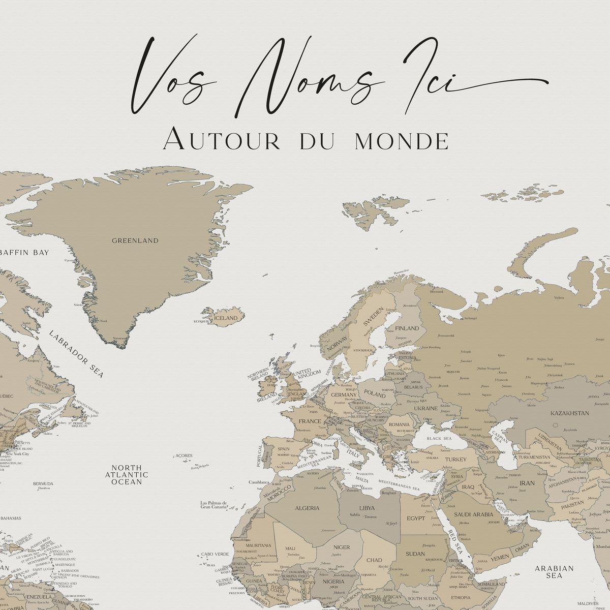 Custom Political World Map Deep Beige