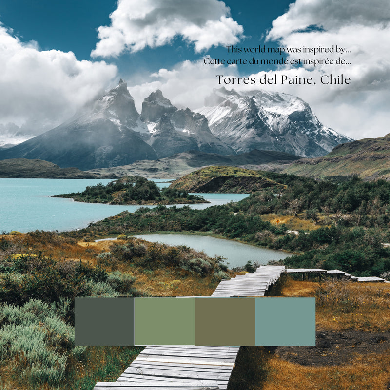 Custom Political World Map Torres del Paine Chile