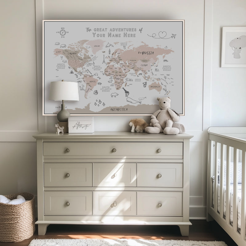 Custom World Map with Animals for Kids Rose