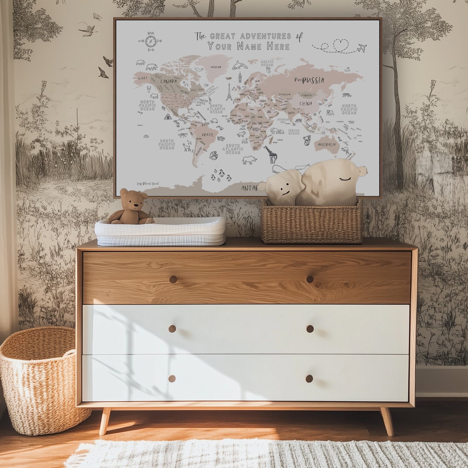 Custom World Map with Animals for Kids Rose