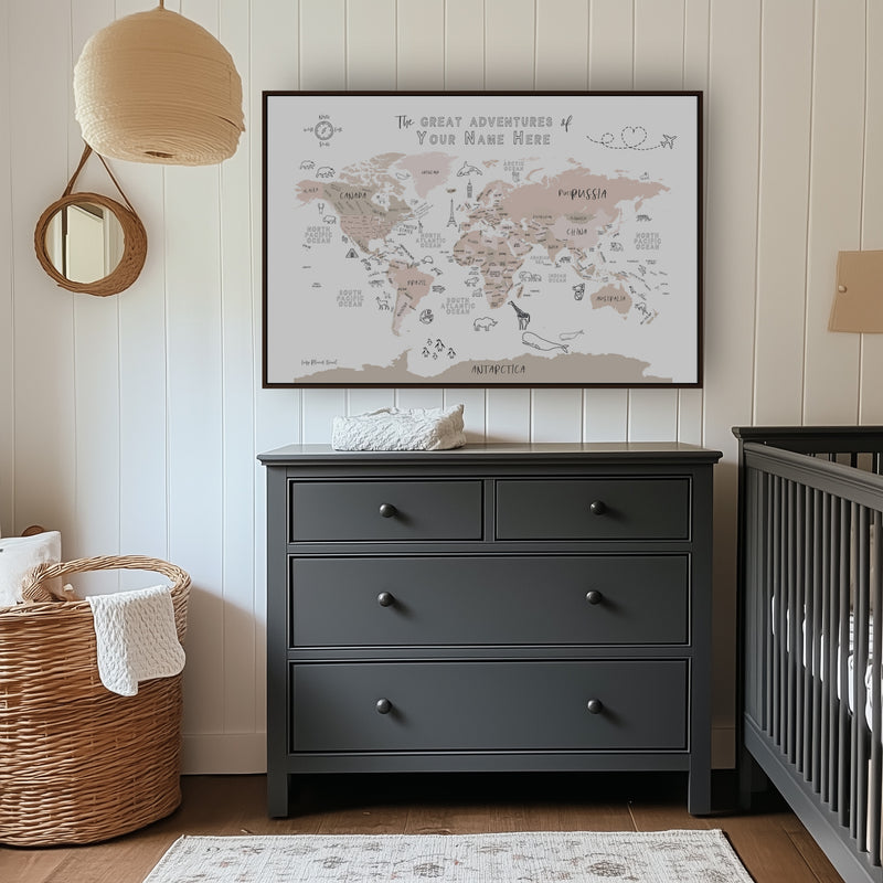 Custom World Map with Animals for Kids Rose