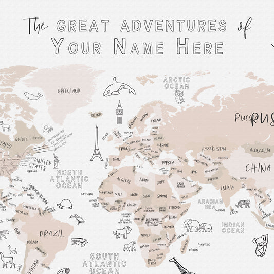 Custom World Map with Animals for Kids Rose