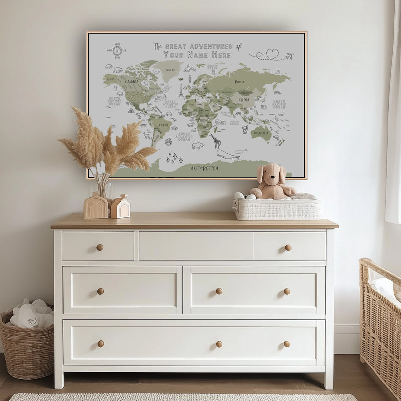 Custom World Map with Animals for Kids Sage Green