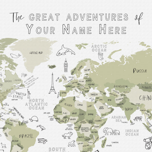 Custom World Map with Animals for Kids Sage Green